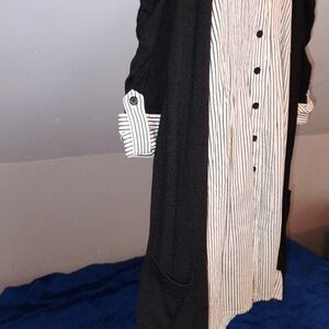 INC International Concepts Black Cardigan with White-and-Black Striped Shirt